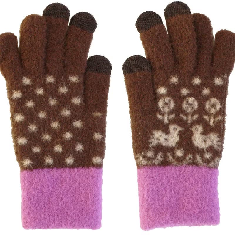 智慧手機相容手套 fluffy gloves birds brown