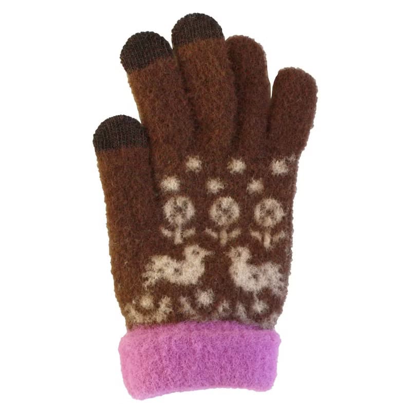 智慧手機相容手套 fluffy gloves birds brown