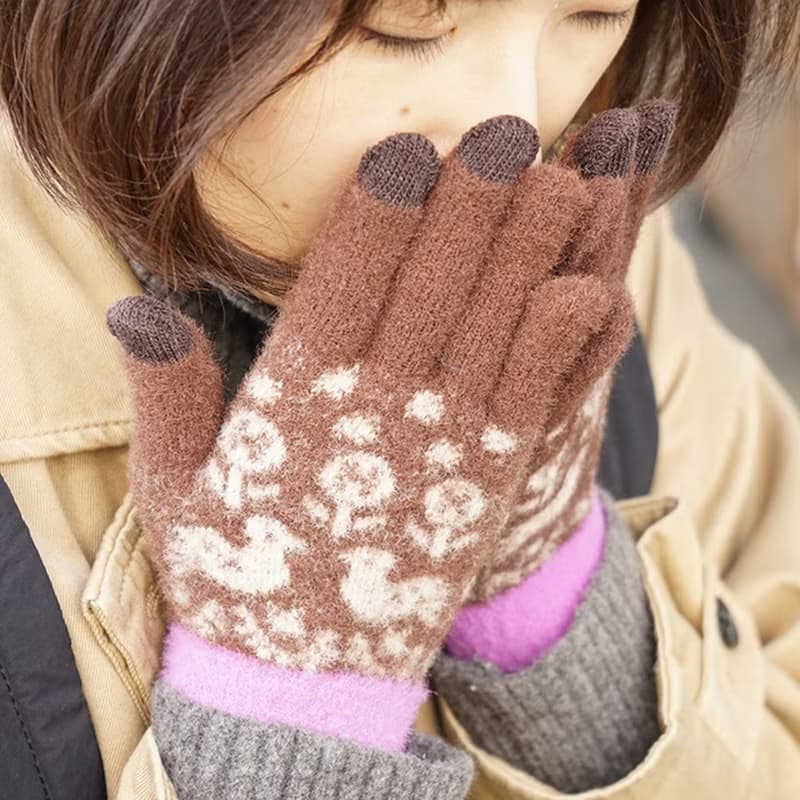 智慧手機相容手套 fluffy gloves birds brown