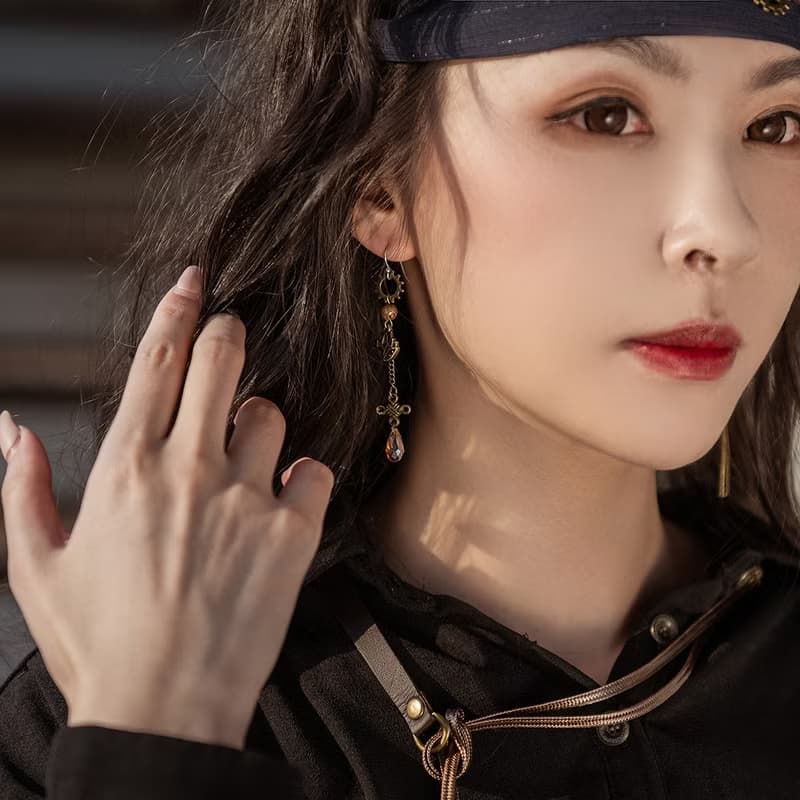 蒸汽朋克X東方風格 混搭 復古 長款 銀針耳飾 耳墜