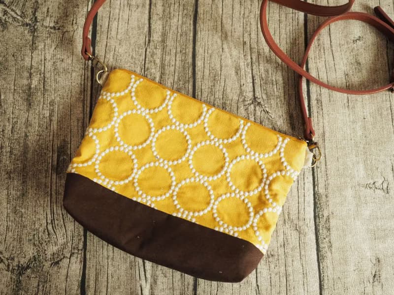 手工縫製托特側肩包帆布手袋 芥黃和風幾何圓形刺繡圖案