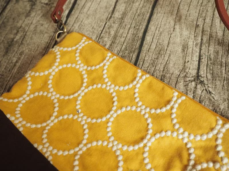 手工縫製托特側肩包帆布手袋 芥黃和風幾何圓形刺繡圖案