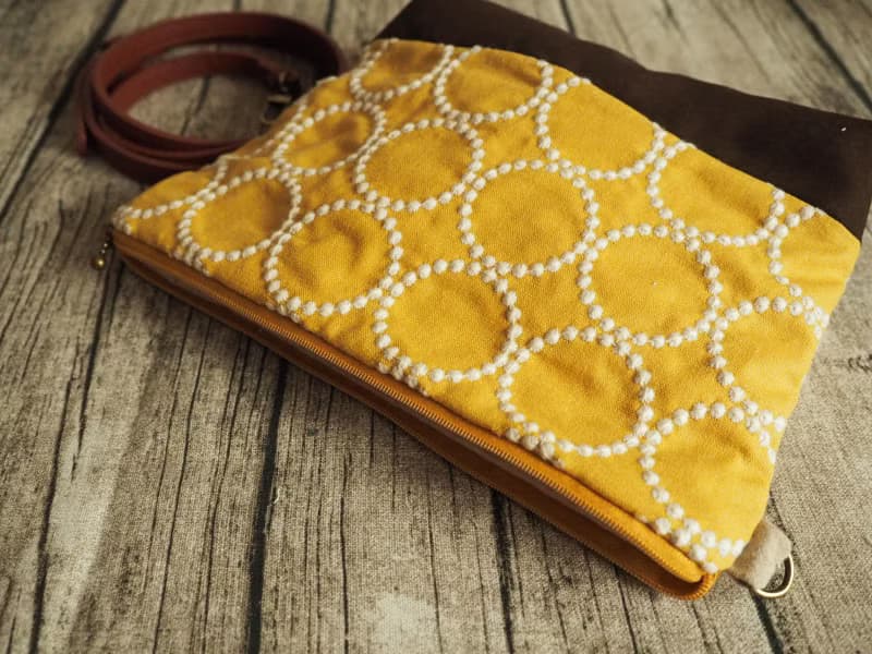 手工縫製托特側肩包帆布手袋 芥黃和風幾何圓形刺繡圖案