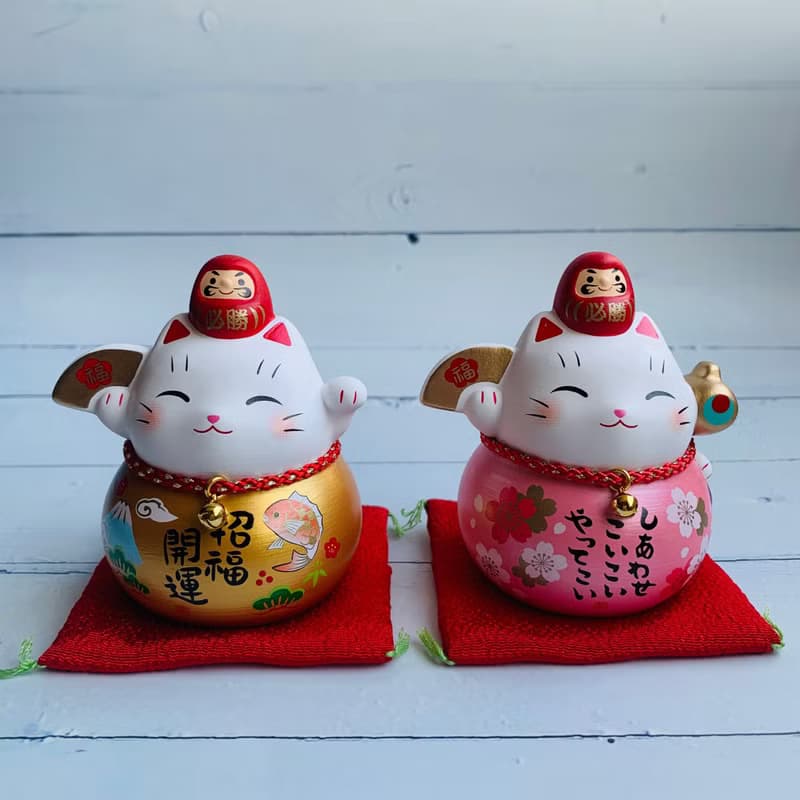 彩耀必勝達摩與招財貓-福氣、富士山/粉櫻花-小-日本吉祥物