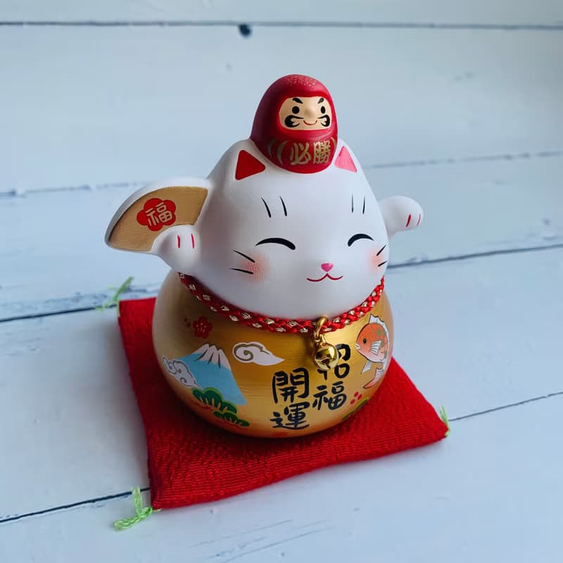 彩耀必勝達摩與招財貓-福氣、富士山/粉櫻花-小-日本吉祥物