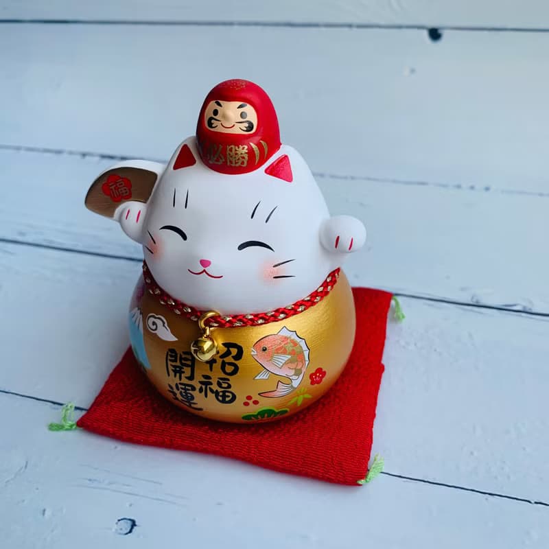 彩耀必勝達摩與招財貓-福氣、富士山/粉櫻花-小-日本吉祥物