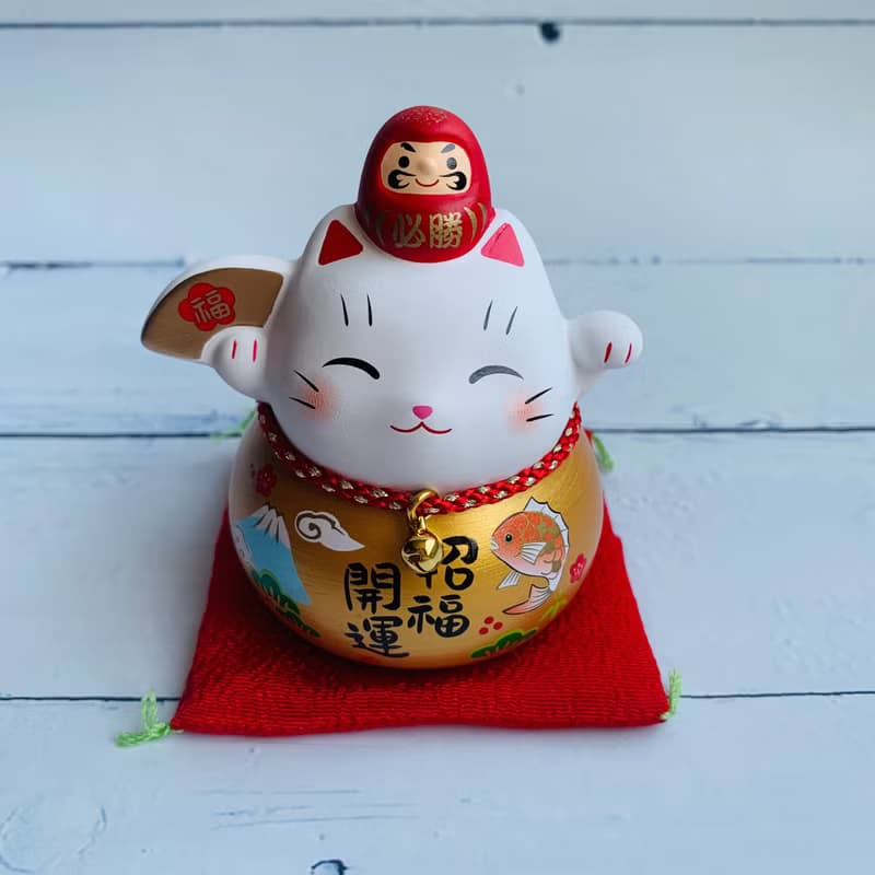 彩耀必勝達摩與招財貓-福氣、富士山/粉櫻花-小-日本吉祥物