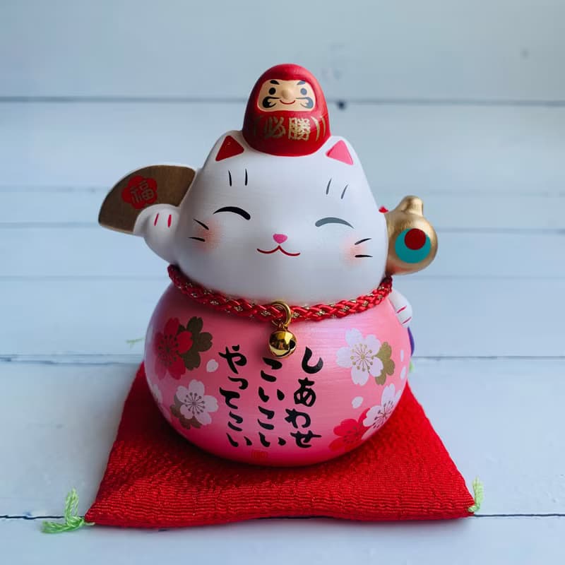 彩耀必勝達摩與招財貓-福氣、富士山/粉櫻花-小-日本吉祥物