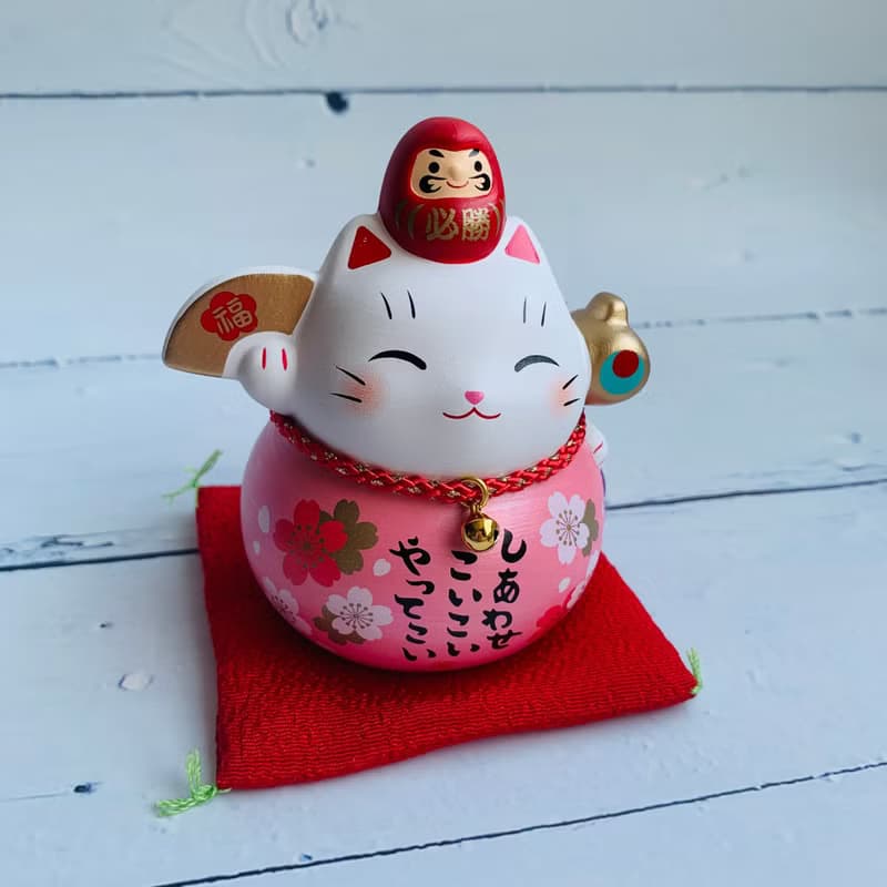 彩耀必勝達摩與招財貓-福氣、富士山/粉櫻花-小-日本吉祥物