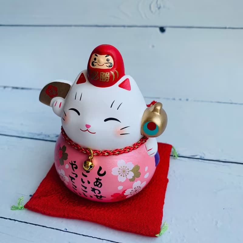 彩耀必勝達摩與招財貓-福氣、富士山/粉櫻花-小-日本吉祥物