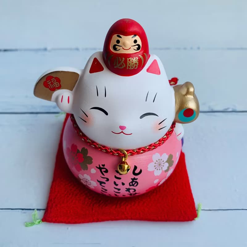 彩耀必勝達摩與招財貓-福氣、富士山/粉櫻花-小-日本吉祥物