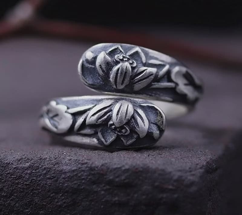 Real 990 Fine Silver Women Ethnic Rings Handmade Embossed Lotus Flower Finger