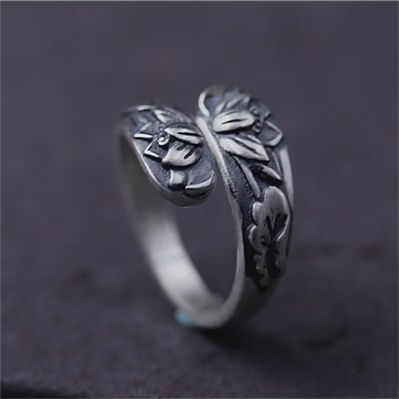 Real 990 Fine Silver Women Ethnic Rings Handmade Embossed Lotus Flower Finger