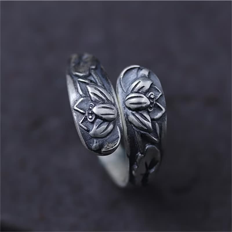 Real 990 Fine Silver Women Ethnic Rings Handmade Embossed Lotus Flower Finger