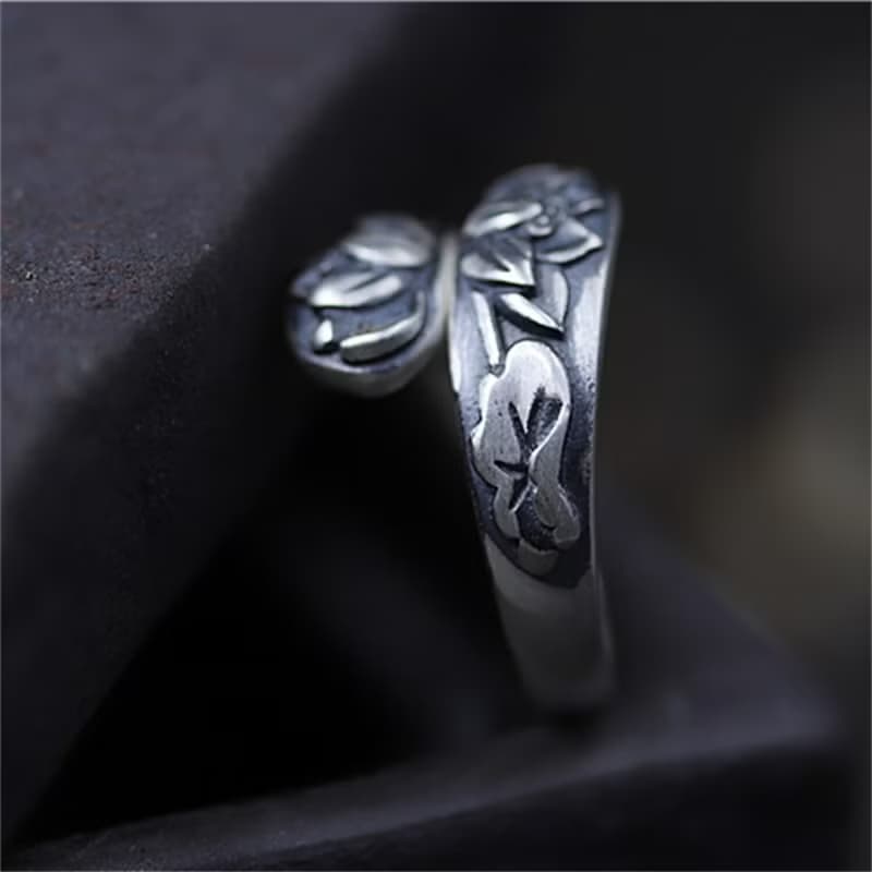 Real 990 Fine Silver Women Ethnic Rings Handmade Embossed Lotus Flower Finger