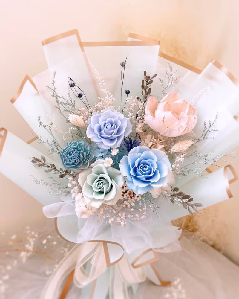 永生花束-柔粉霧藍 l 日本玫瑰 不凋花束 乾燥花束 乾燥花
