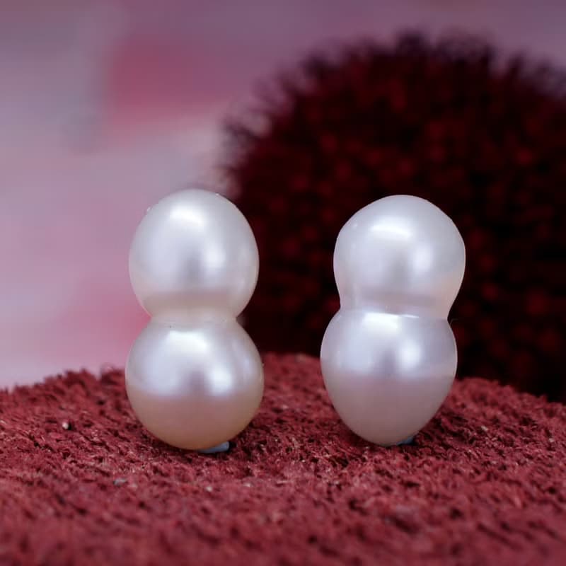 孿生 - 13x8mm 花生形 白色 珍珠 銀電18K白金 耳針 耳環