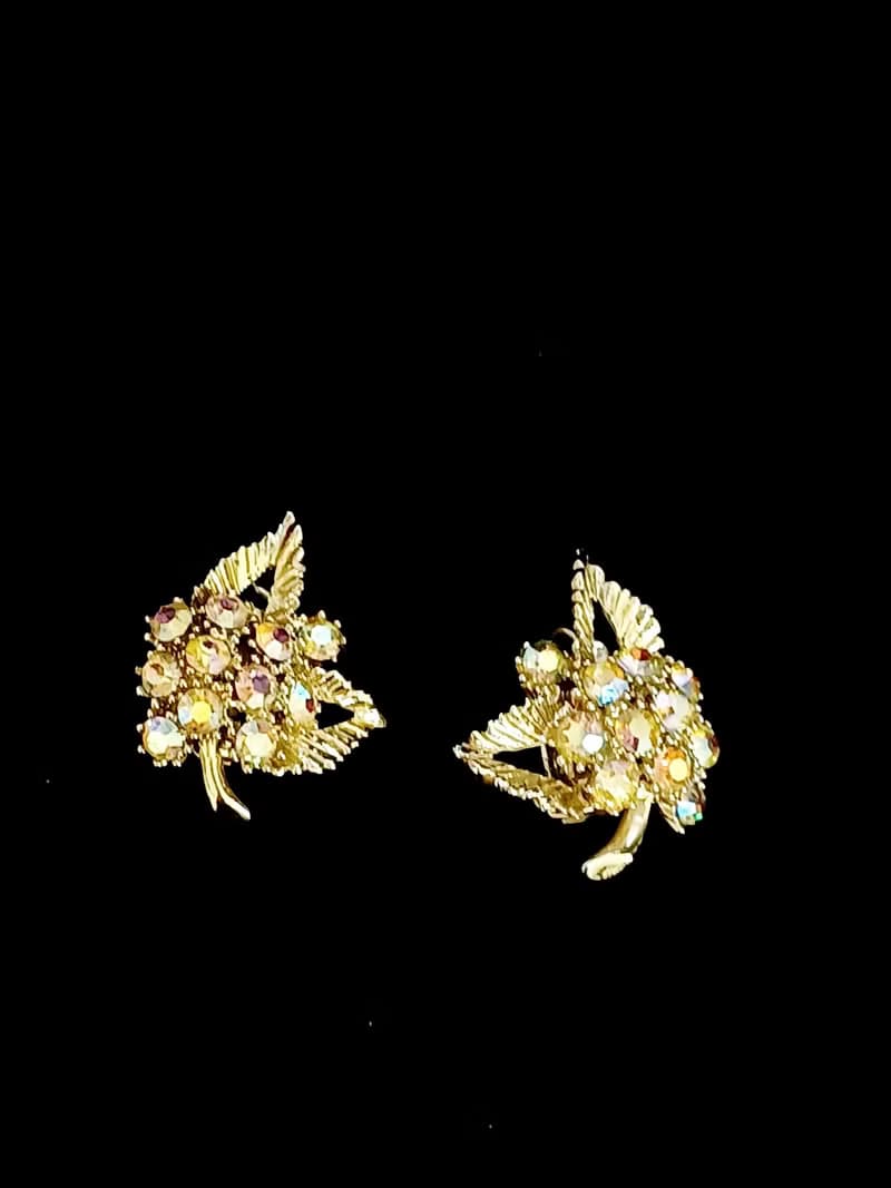 vintage jewelry  BSK 金色極光萊茵花卉 夾式耳環
