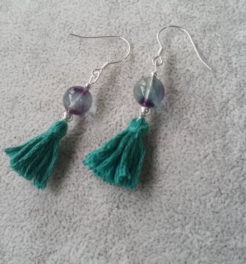 紫藍螢石， 純銀珠，綠色流蘇 純銀耳環 flourite, silver ball and tassel  925 silver earring