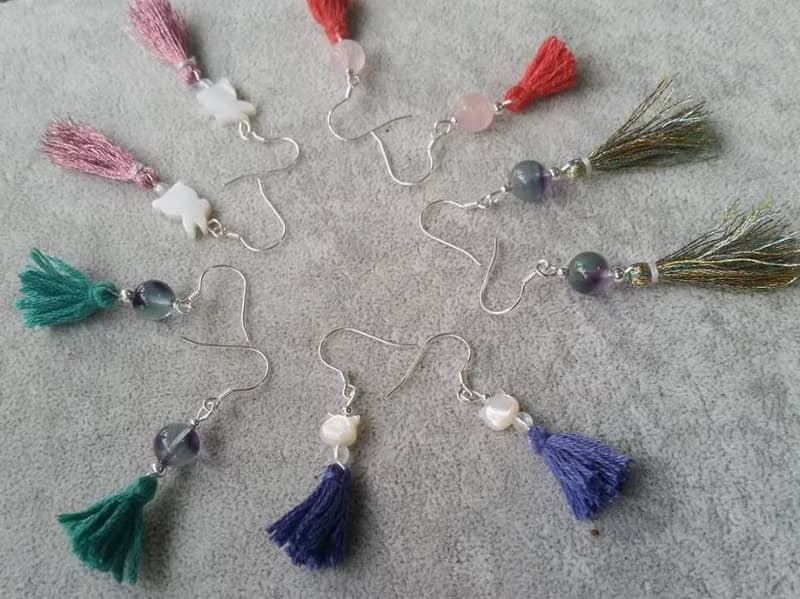 紫藍螢石， 純銀珠，綠色流蘇 純銀耳環 flourite, silver ball and tassel  925 silver earring