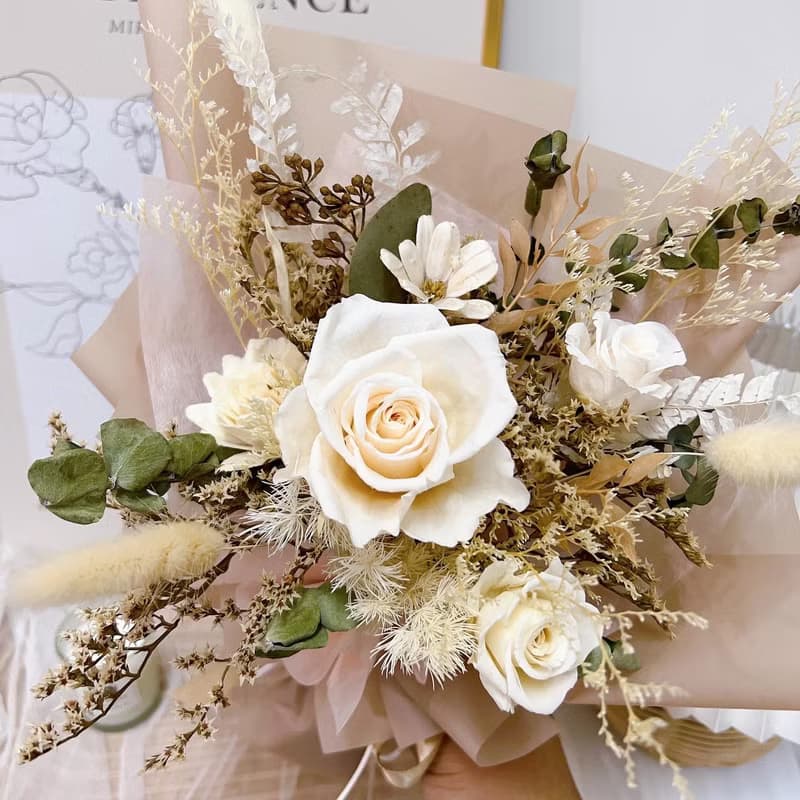私蜜奶糖花束 乾燥花 白玫瑰 永生花 告白 生日 畢業 情人節 祝福
