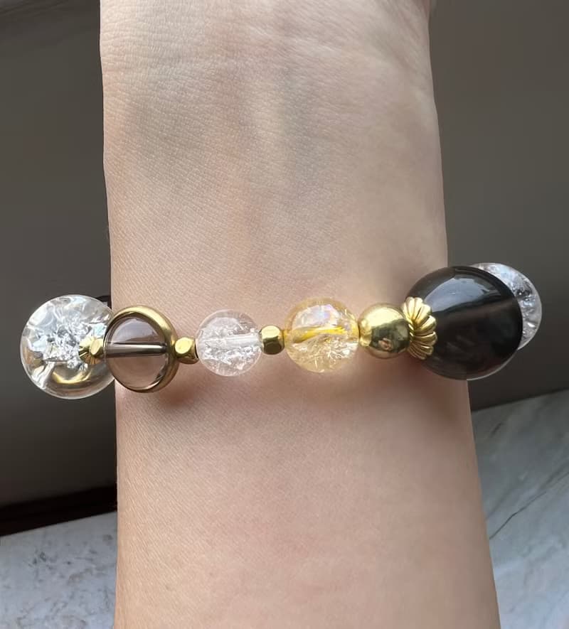 ||金絲|| 新沉靜脈輪能量招財手環。白幽靈/黃水晶/茶晶/白水晶