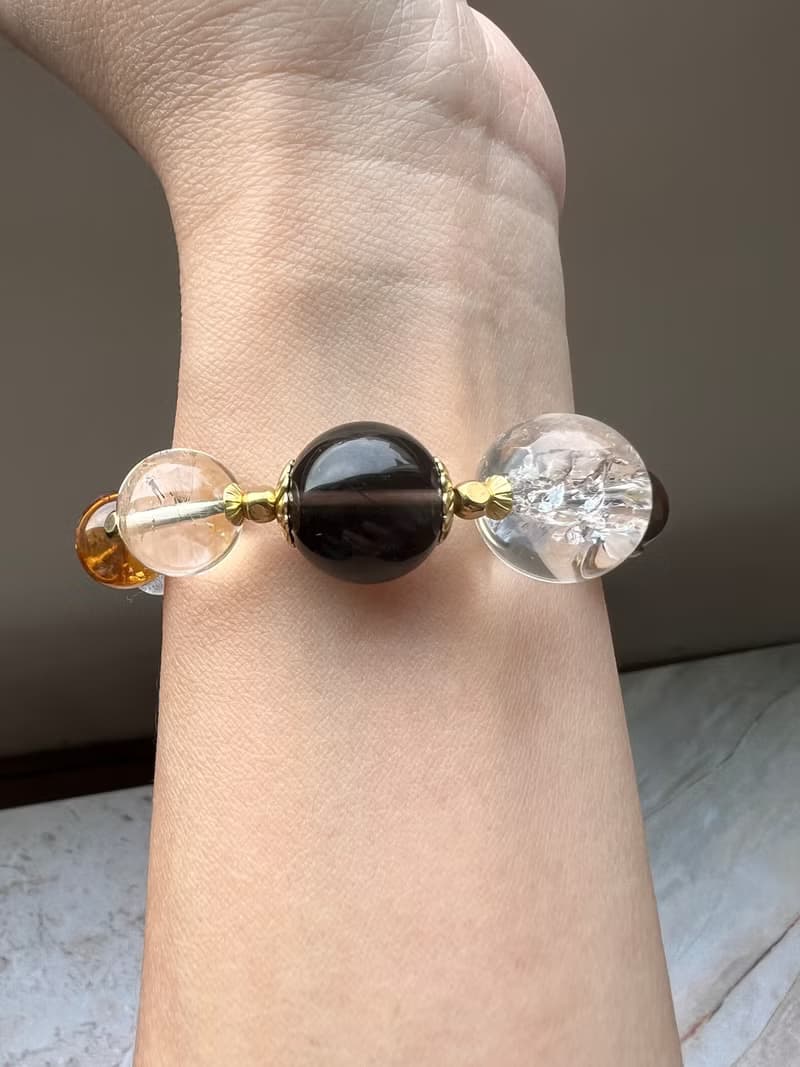 ||金絲|| 新沉靜脈輪能量招財手環。白幽靈/黃水晶/茶晶/白水晶
