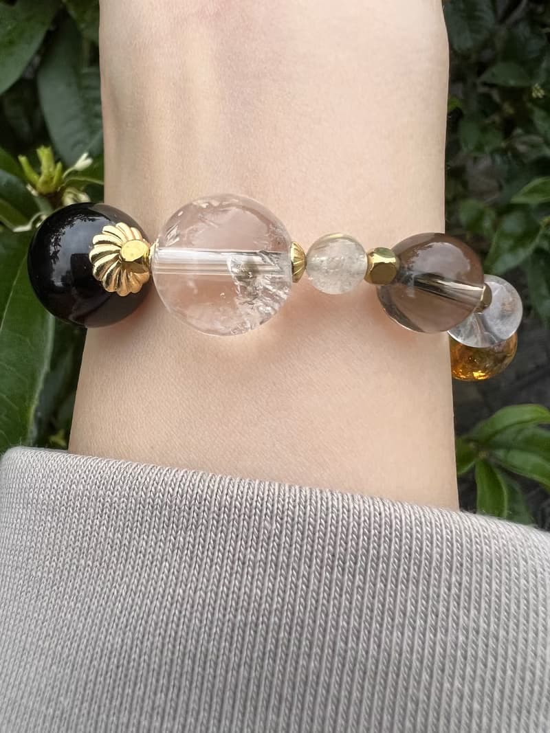 ||金絲|| 新沉靜脈輪能量招財手環。白幽靈/黃水晶/茶晶/白水晶