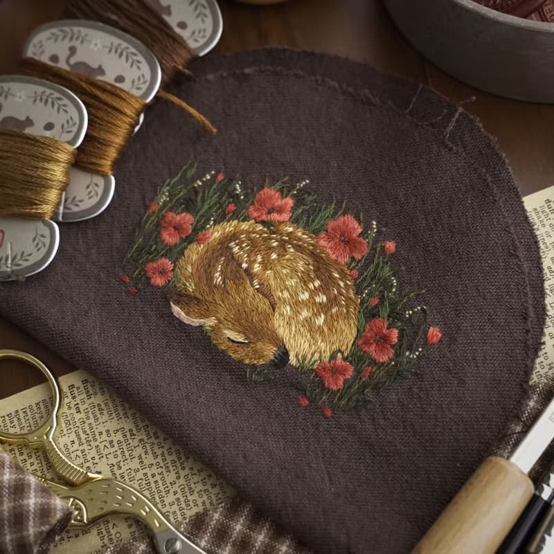 【限量作品】手工刺繡 \ 零錢包 \ 罌粟花和鹿