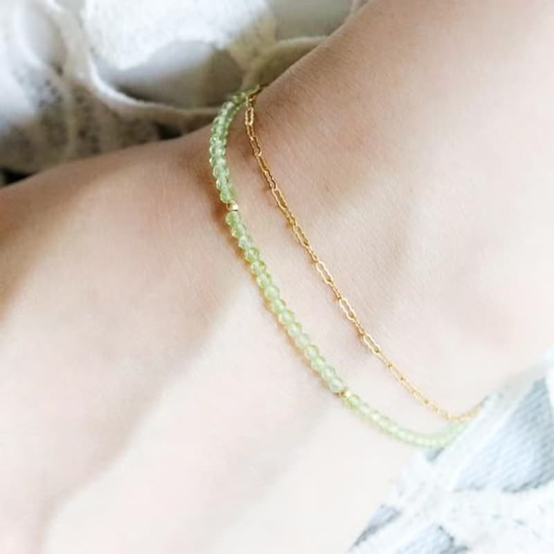 橄欖石波浪鍊形雙環手鍊 提升幸福 夫婦運 8月誕生石