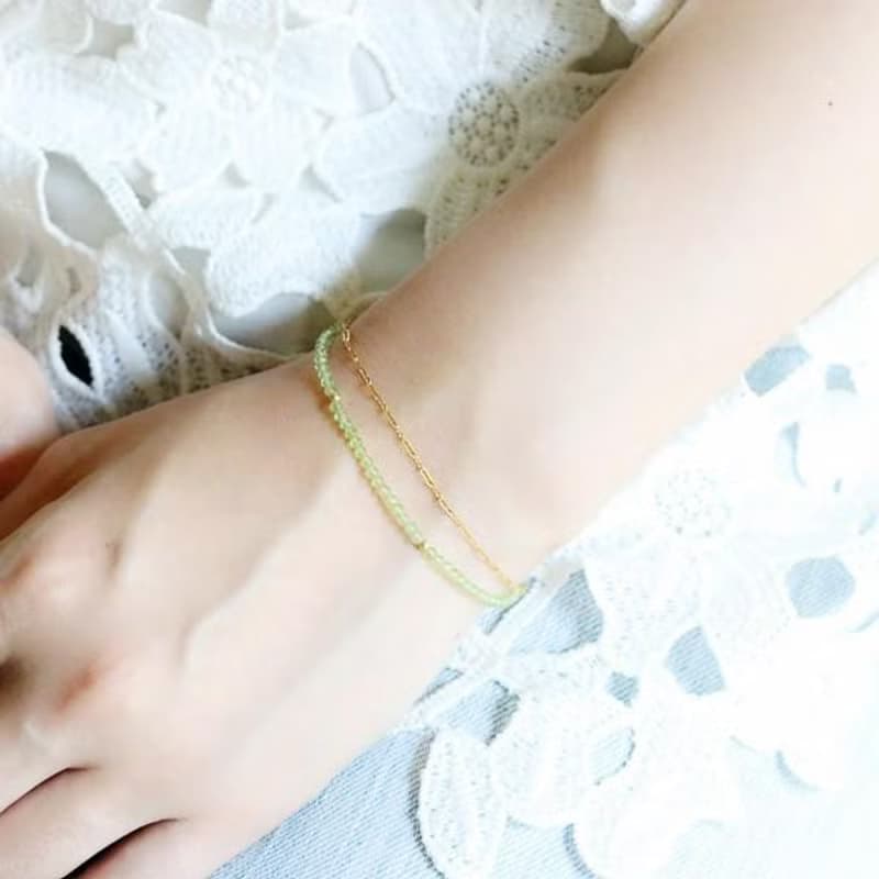 橄欖石波浪鍊形雙環手鍊 提升幸福 夫婦運 8月誕生石