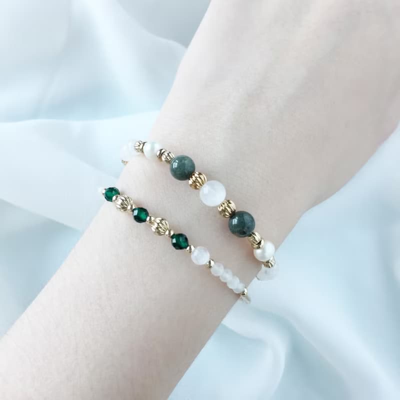 智慧。綠幽靈 月亮石 淡水珍珠 14K包金 天然石 手鍊