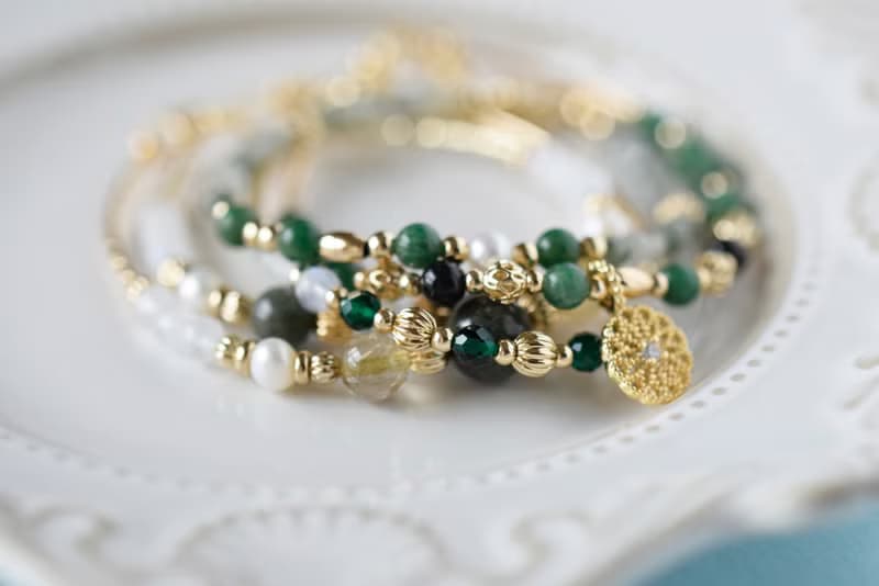 智慧。綠幽靈 月亮石 淡水珍珠 14K包金 天然石 手鍊