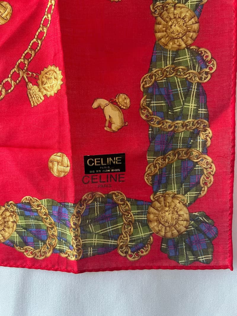 Celine scarf紅色凱旋門格仔鎖鏈綿質圍巾方巾絲巾 全新連貼紙