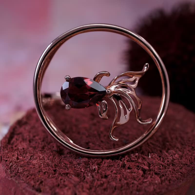 金魚 - 紅石榴石 純銀 電 18K玫瑰金 戒指