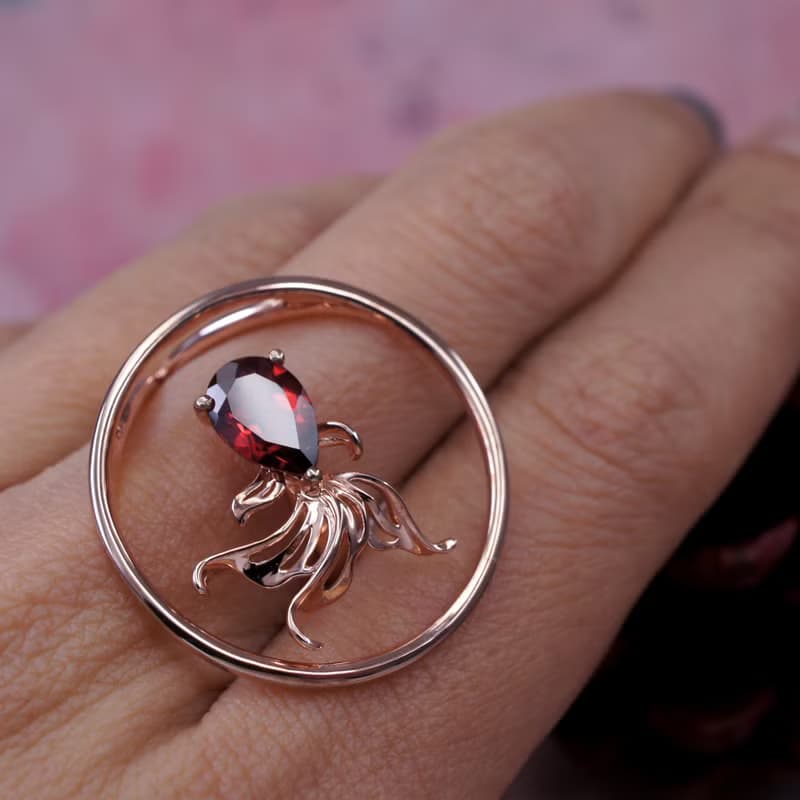 金魚 - 紅石榴石 純銀 電 18K玫瑰金 戒指