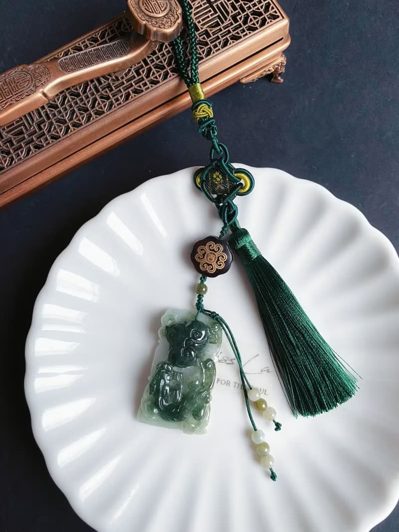 天然緬甸玉 翡翠 螭龍 如意 一葉致富 發財 包掛 禮物 車掛