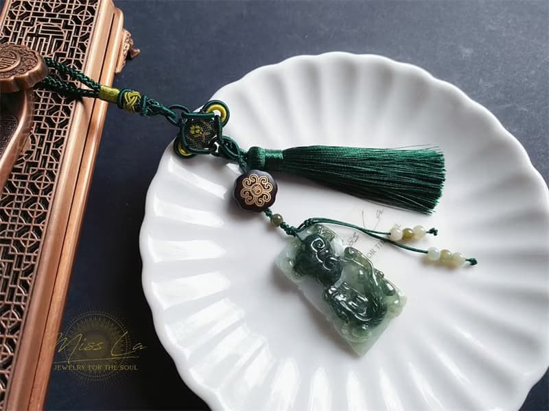 天然緬甸玉 翡翠 螭龍 如意 一葉致富 發財 包掛 禮物 車掛