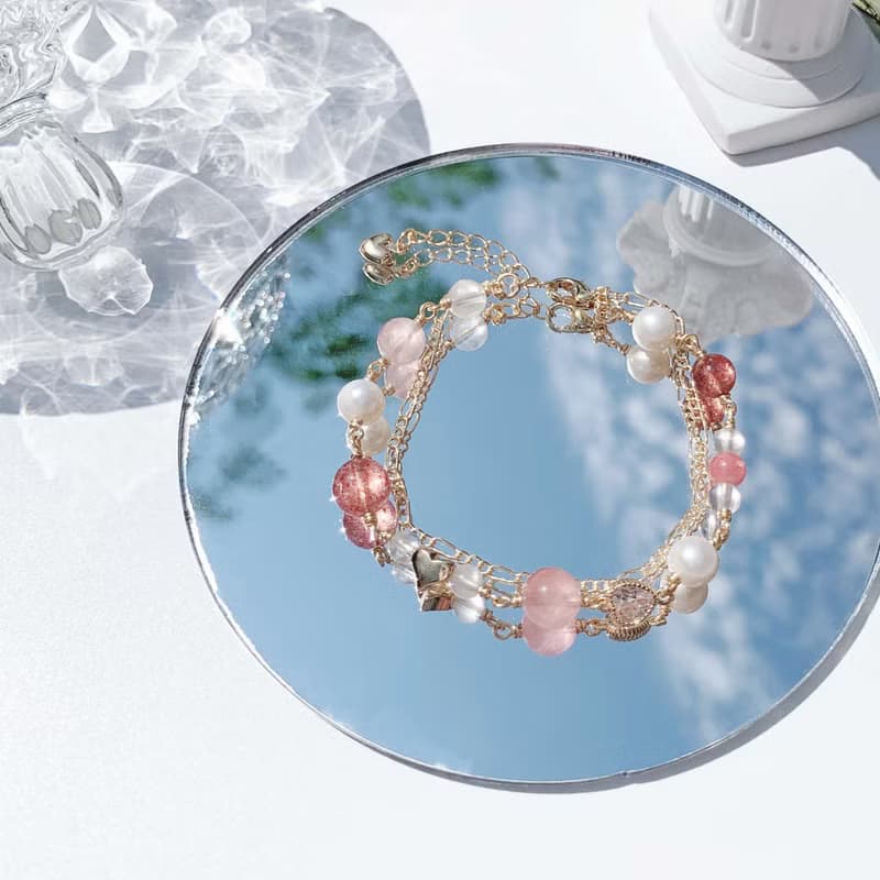 粉晶 草莓晶 紅紋石 月光石 淡水珍珠 14k包金 天然水晶雙層手鍊