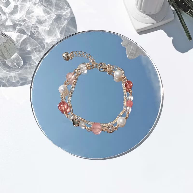 粉晶 草莓晶 紅紋石 月光石 淡水珍珠 14k包金 天然水晶雙層手鍊