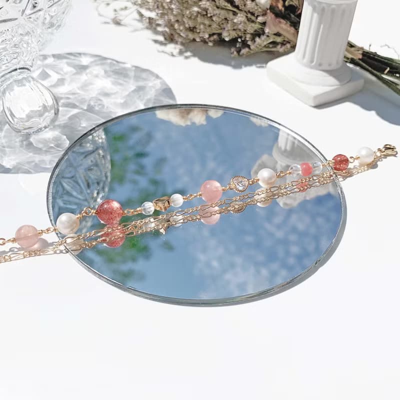 粉晶 草莓晶 紅紋石 月光石 淡水珍珠 14k包金 天然水晶雙層手鍊