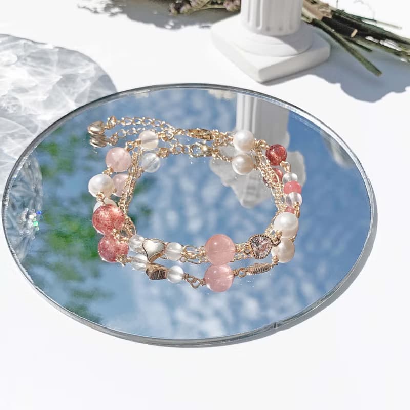 粉晶 草莓晶 紅紋石 月光石 淡水珍珠 14k包金 天然水晶雙層手鍊