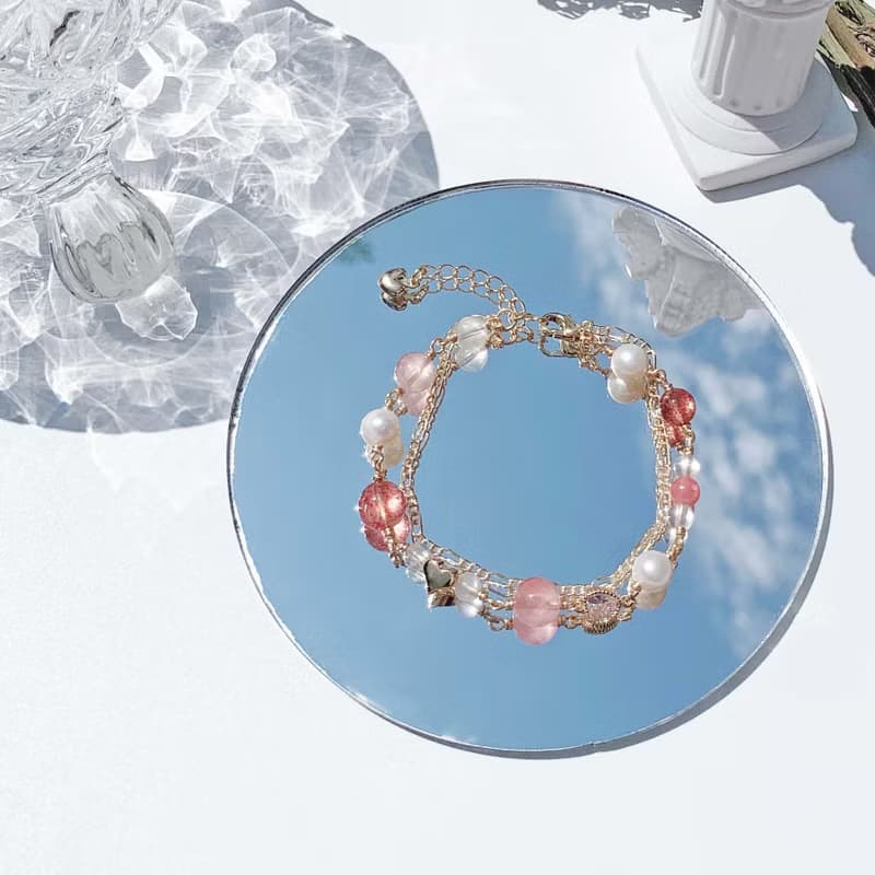 粉晶 草莓晶 紅紋石 月光石 淡水珍珠 14k包金 天然水晶雙層手鍊