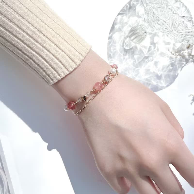 粉晶 草莓晶 紅紋石 月光石 淡水珍珠 14k包金 天然水晶雙層手鍊