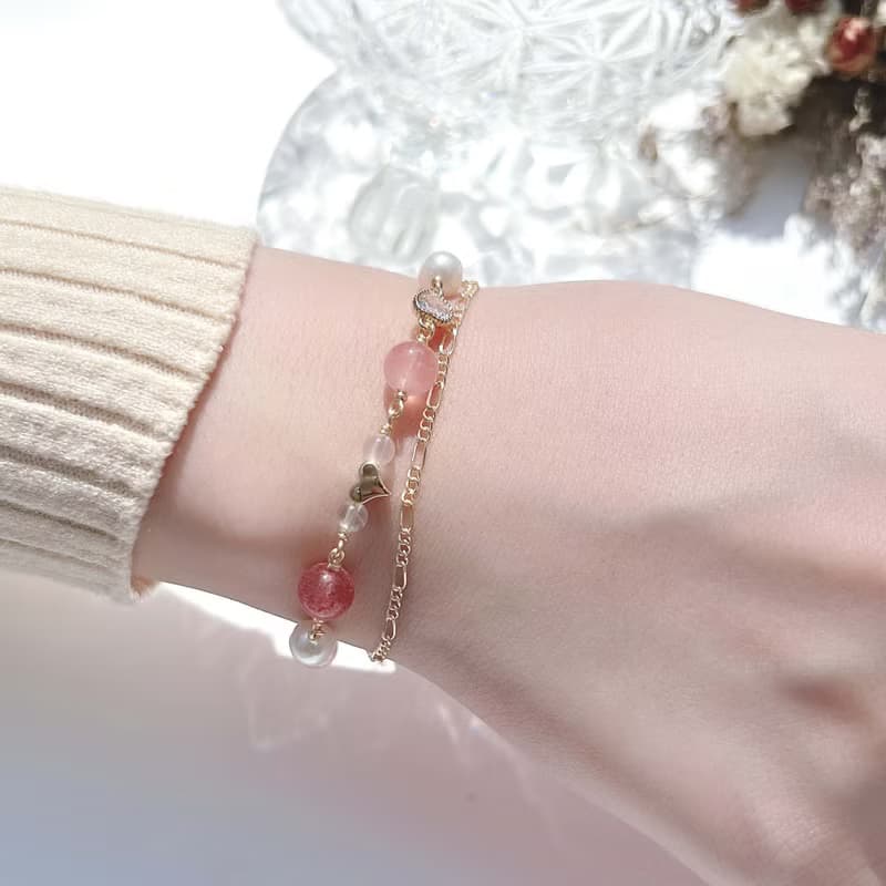 粉晶 草莓晶 紅紋石 月光石 淡水珍珠 14k包金 天然水晶雙層手鍊