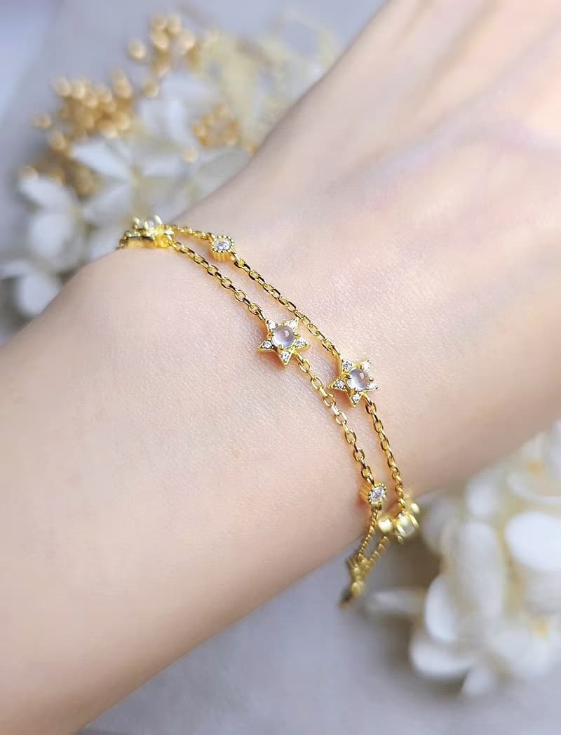 幸福•淨化•吉祥•事業|冰玻剛味白翡|緬甸A貨翡翠純銀星星手鏈