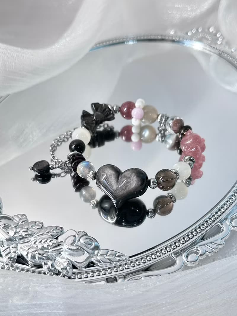 封印解除 庫洛魔法使款水晶手鍊 - 醫療鋼/愛心銀曜石/月光石