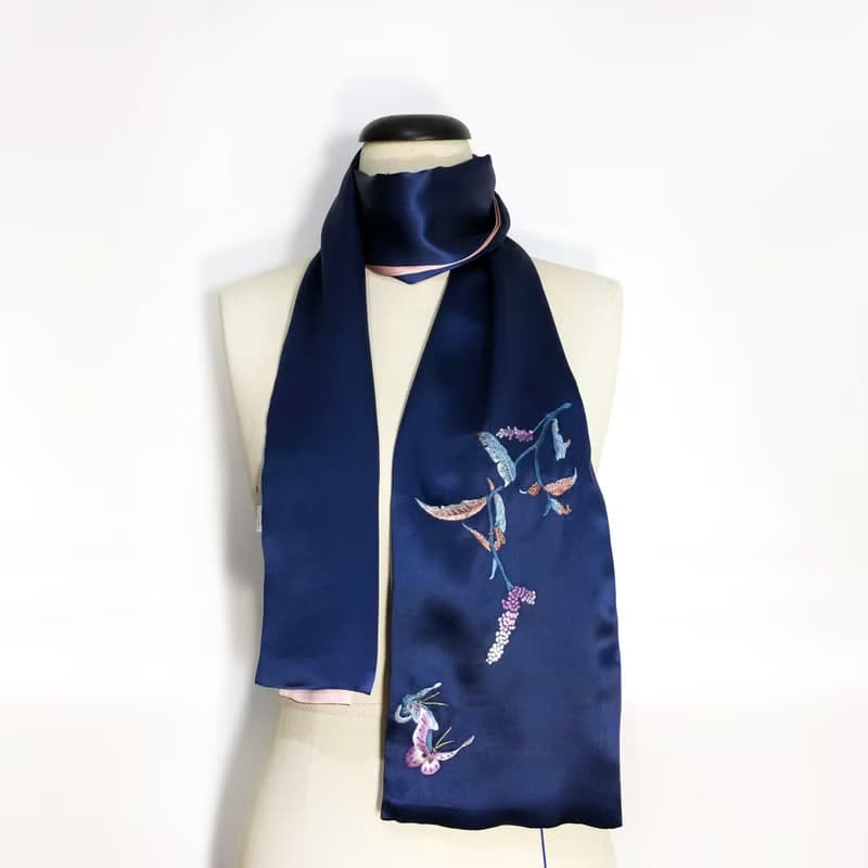 【母親節禮盒】蝴蝶花卉手工刺繡釘珠真絲雙面圍巾絲巾披肩