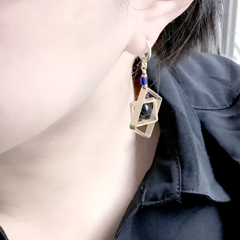 VIIART。焦距。天然石幾何復古黃銅耳環-可改夾式