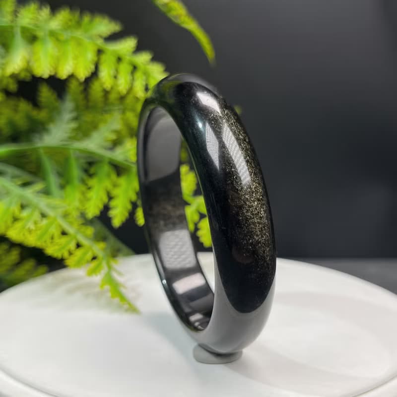 高品質 金曜石手鐲 59MM 玉化灑金金沙黑曜石手環 耀眼靈動解壓